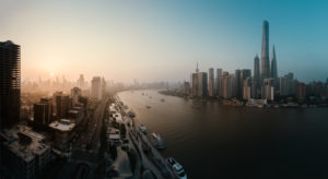 Asia, China, Shanghai, Pudong, Huangpu River, The Bund, sunset, skyline with Shanghai Tower Asia, China, Shanghai, Pudong, Huangpu River, The Bund, sunset, skyline with Shanghai Tower